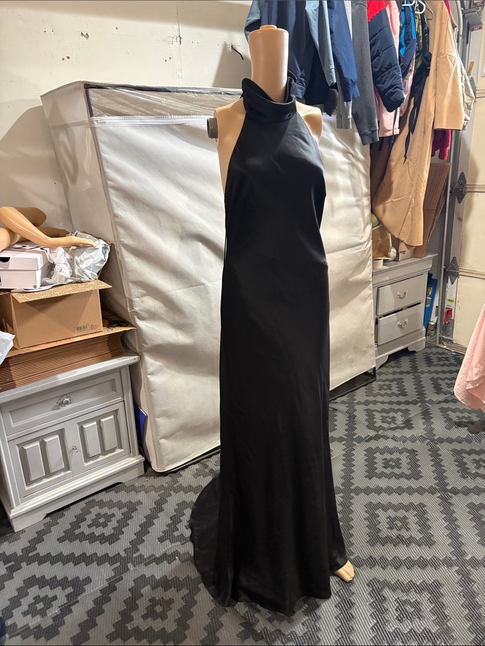 ABS Allen Schwartz Black High-Neck Halter Maxi Gown